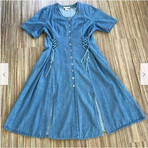 Vtg Antels 90s Denim Button Front Dress w/ Front Slits Lace-Up Waist Bead Detail
